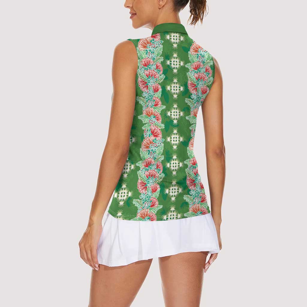 Hawaii Ohia Lehua Women Sleeveless Polo Shirt Tropical Vibes Green