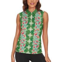 Hawaii Ohia Lehua Women Sleeveless Polo Shirt Tropical Vibes Green