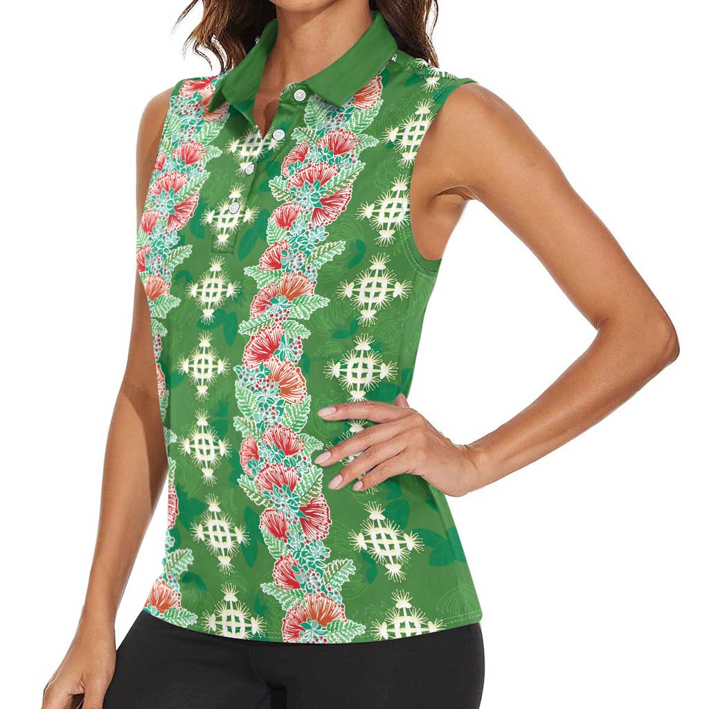 Hawaii Ohia Lehua Women Sleeveless Polo Shirt Tropical Vibes Green