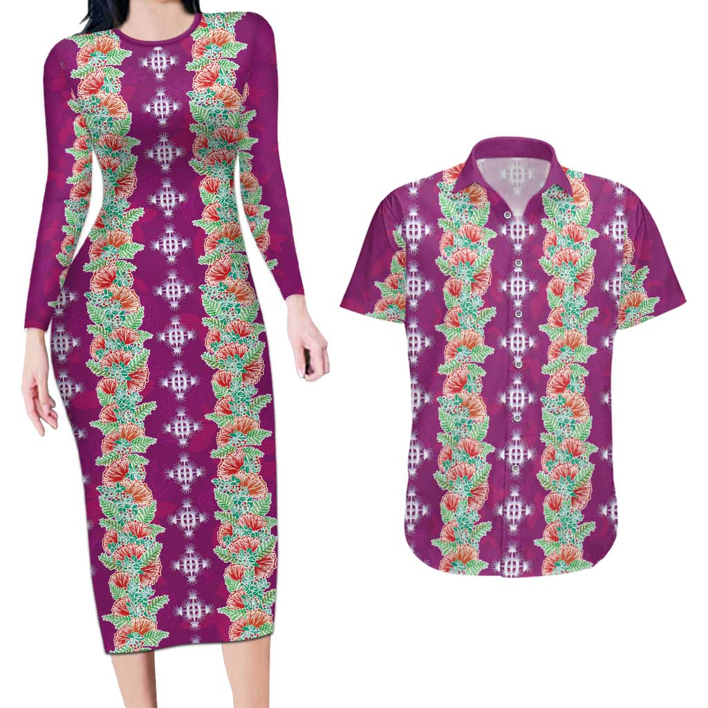 Hawaii Ohia Lehua Couples Matching Long Sleeve Bodycon Dress and Hawaiian Shirt Tropical Vibes Fuchsia LT05 Fuchsia - Polynesian Pride