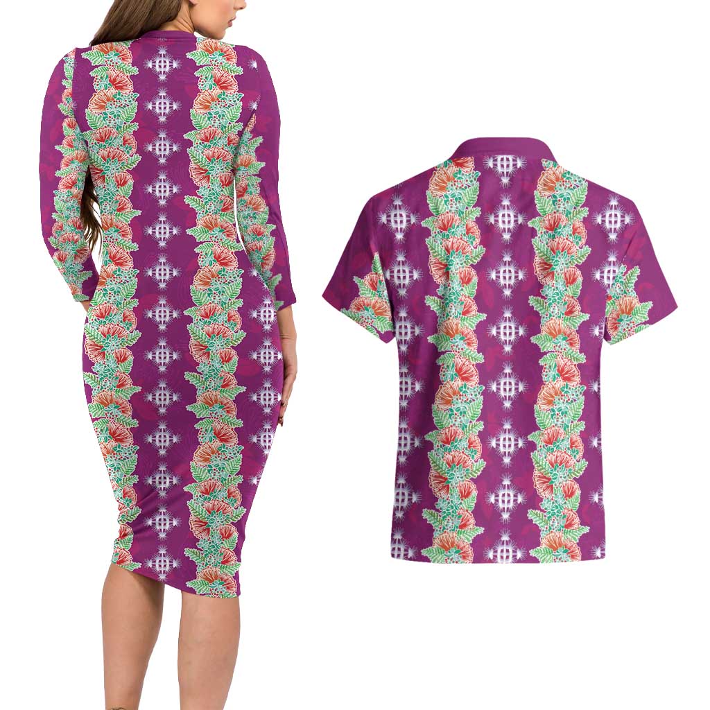 Hawaii Ohia Lehua Couples Matching Long Sleeve Bodycon Dress and Hawaiian Shirt Tropical Vibes Fuchsia LT05 - Polynesian Pride