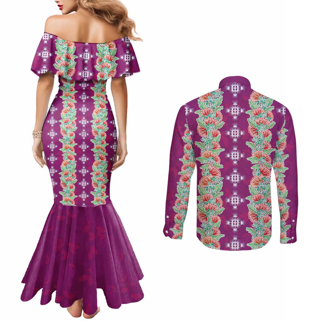 Hawaii Ohia Lehua Couples Matching Mermaid Dress and Long Sleeve Button Shirt Tropical Vibes Fuchsia