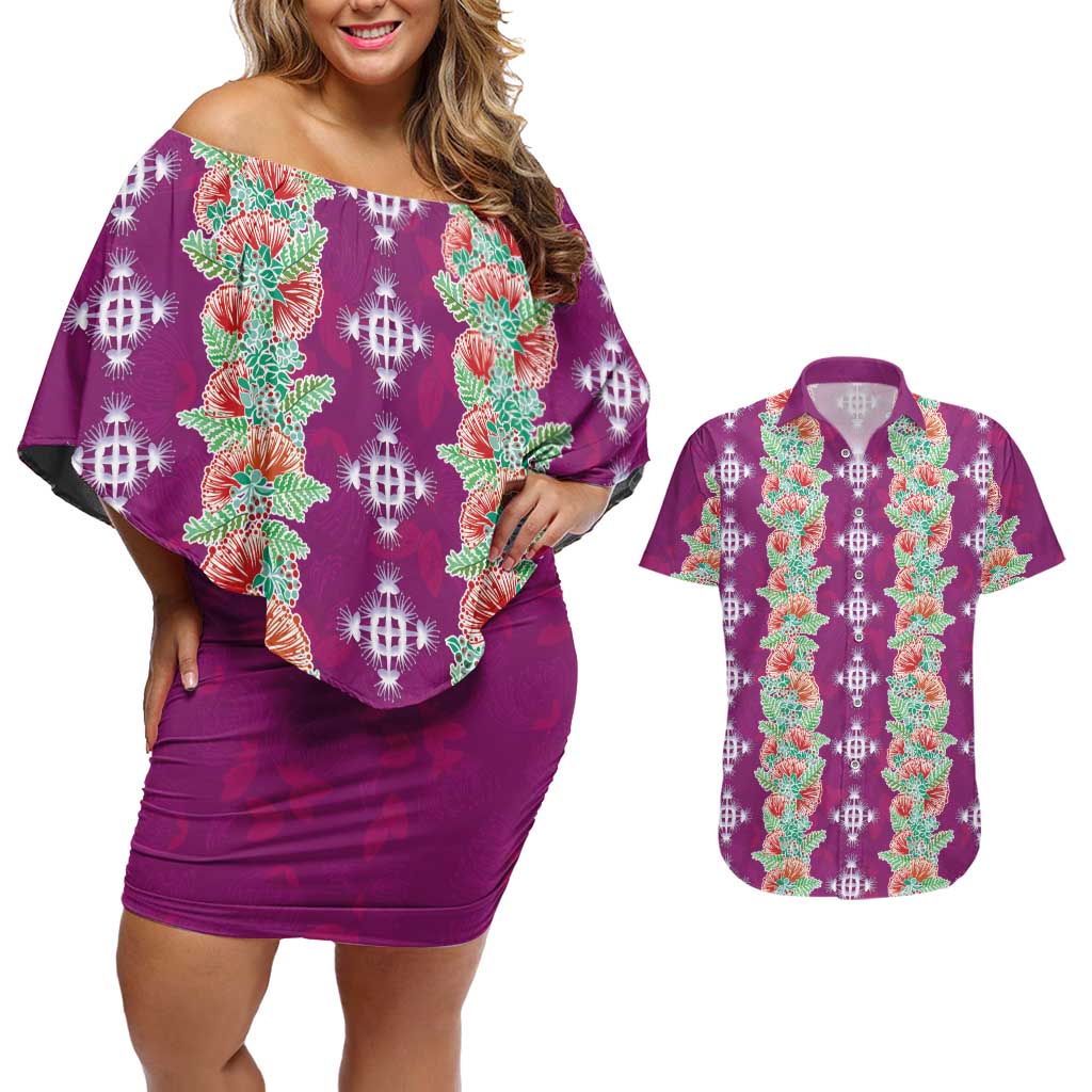 Hawaii Ohia Lehua Couples Matching Off Shoulder Short Dress and Hawaiian Shirt Tropical Vibes Fuchsia
