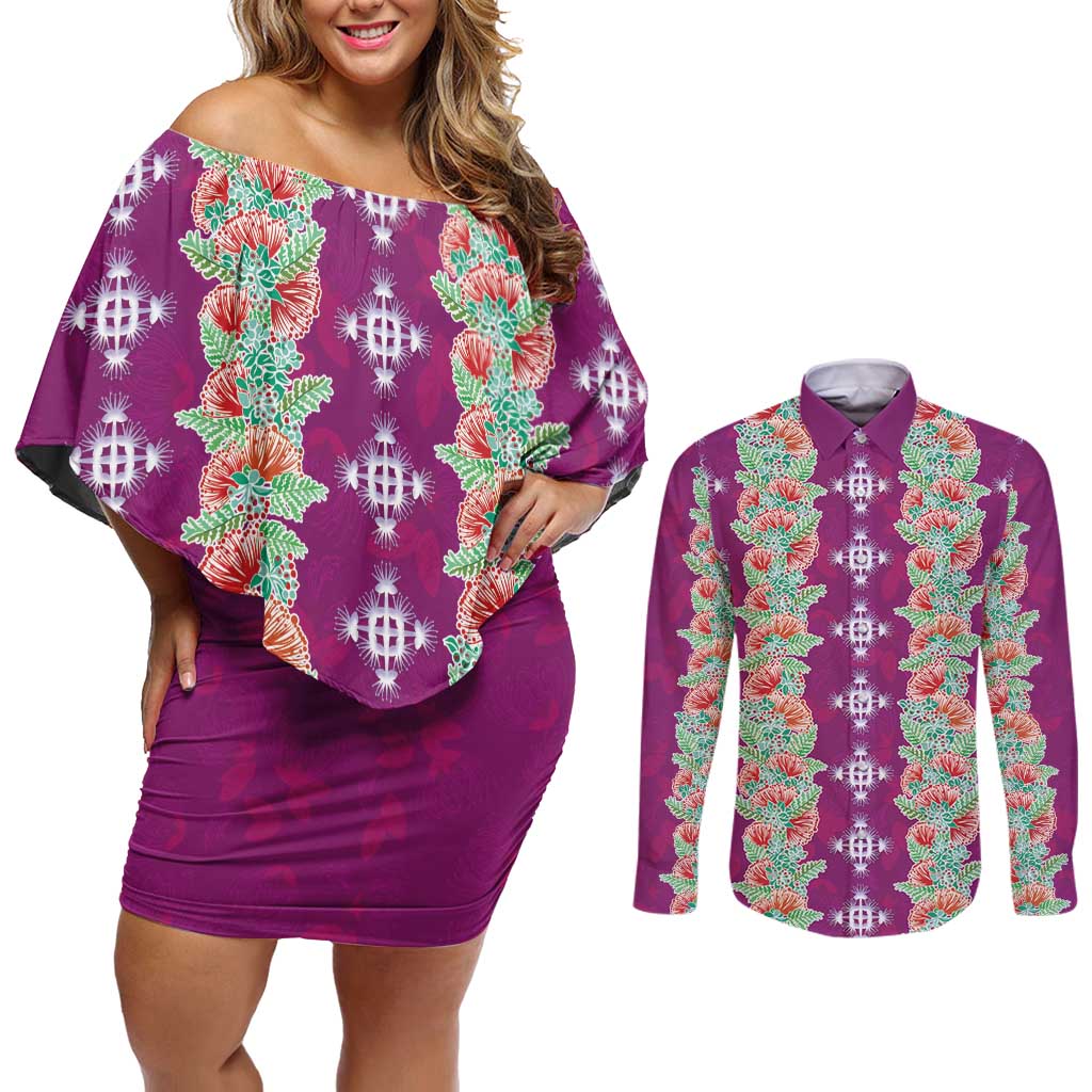 Hawaii Ohia Lehua Couples Matching Off Shoulder Short Dress and Long Sleeve Button Shirt Tropical Vibes Fuchsia