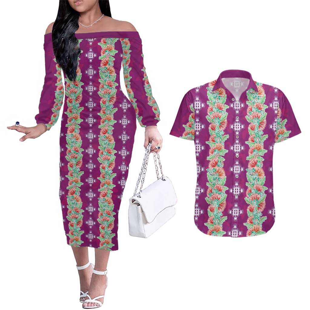 Hawaii Ohia Lehua Couples Matching Off The Shoulder Long Sleeve Dress and Hawaiian Shirt Tropical Vibes Fuchsia LT05 Fuchsia - Polynesian Pride