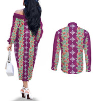 Hawaii Ohia Lehua Couples Matching Off The Shoulder Long Sleeve Dress and Long Sleeve Button Shirt Tropical Vibes Fuchsia LT05 - Polynesian Pride