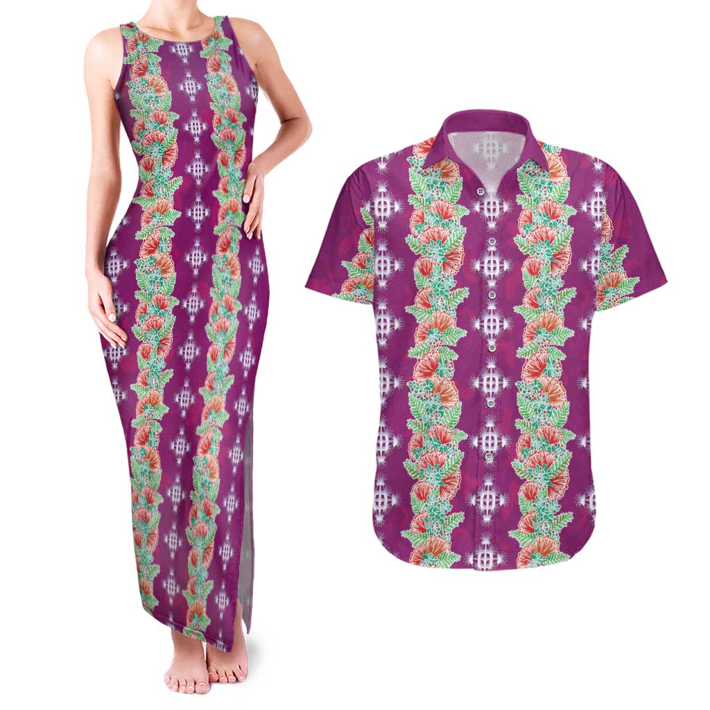 Hawaii Ohia Lehua Couples Matching Tank Maxi Dress and Hawaiian Shirt Tropical Vibes Fuchsia
