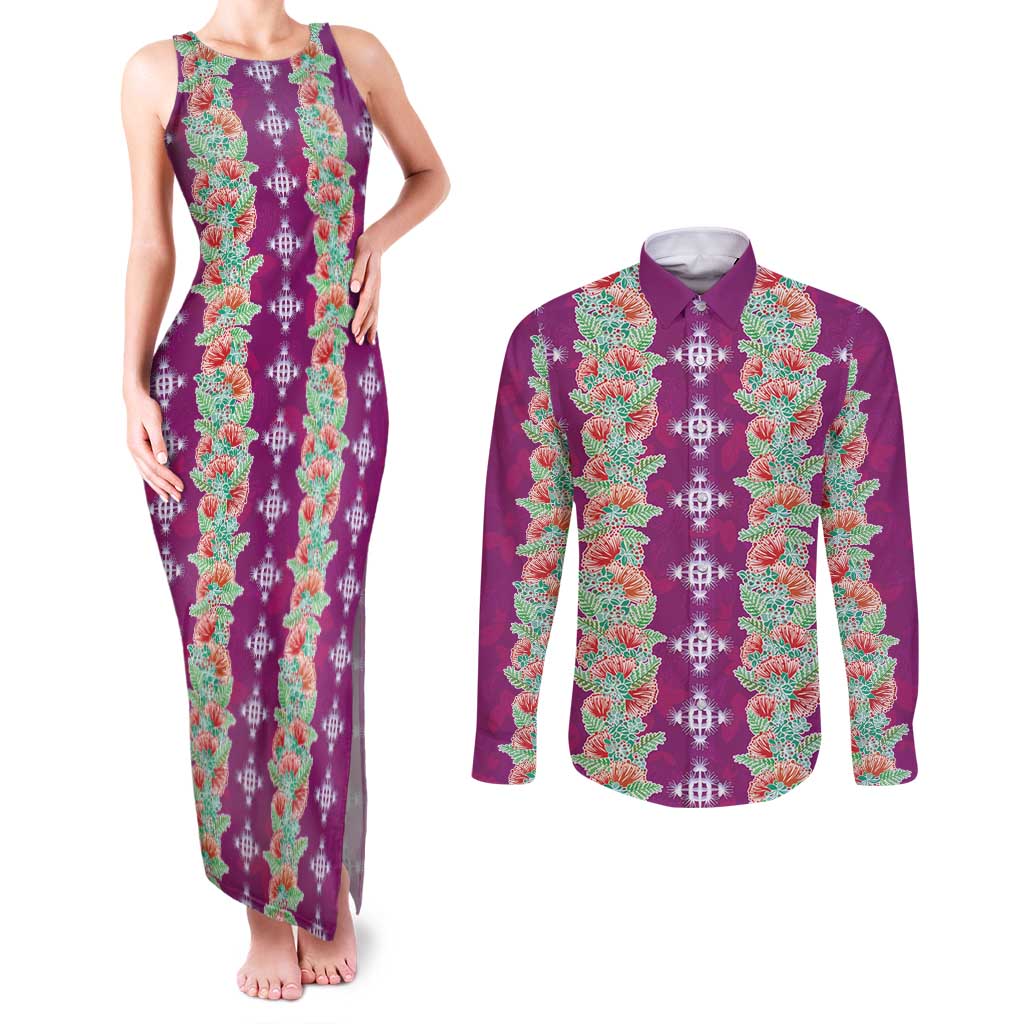 Hawaii Ohia Lehua Couples Matching Tank Maxi Dress and Long Sleeve Button Shirt Tropical Vibes Fuchsia