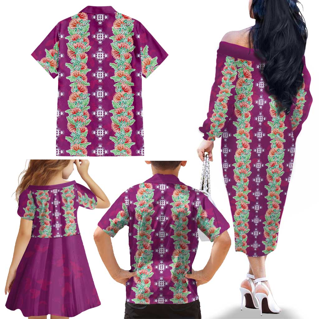 Hawaii Ohia Lehua Family Matching Off The Shoulder Long Sleeve Dress and Hawaiian Shirt Tropical Vibes Fuchsia LT05 - Polynesian Pride