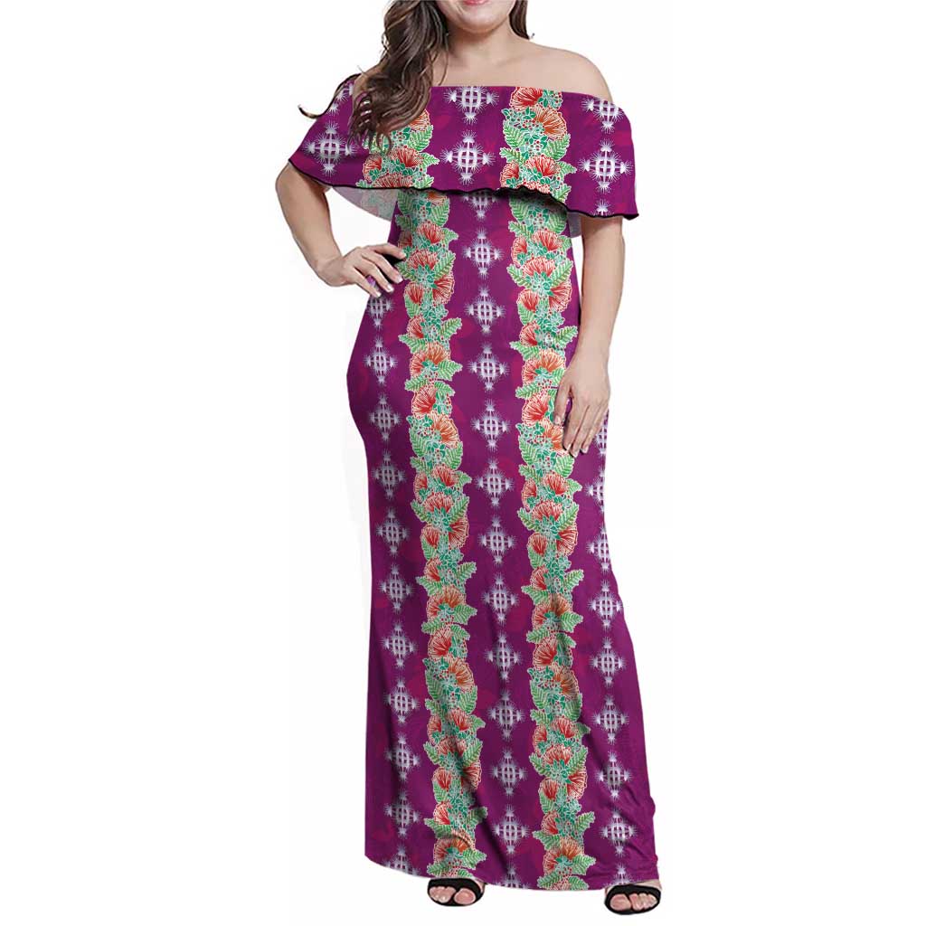 Hawaii Ohia Lehua Family Matching Off Shoulder Maxi Dress and Hawaiian Shirt Tropical Vibes Fuchsia LT05 Mom's Dress Fuchsia - Polynesian Pride