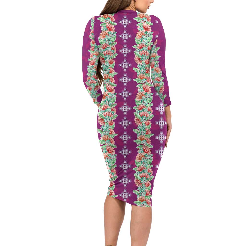 Hawaii Ohia Lehua Long Sleeve Bodycon Dress Tropical Vibes Fuchsia