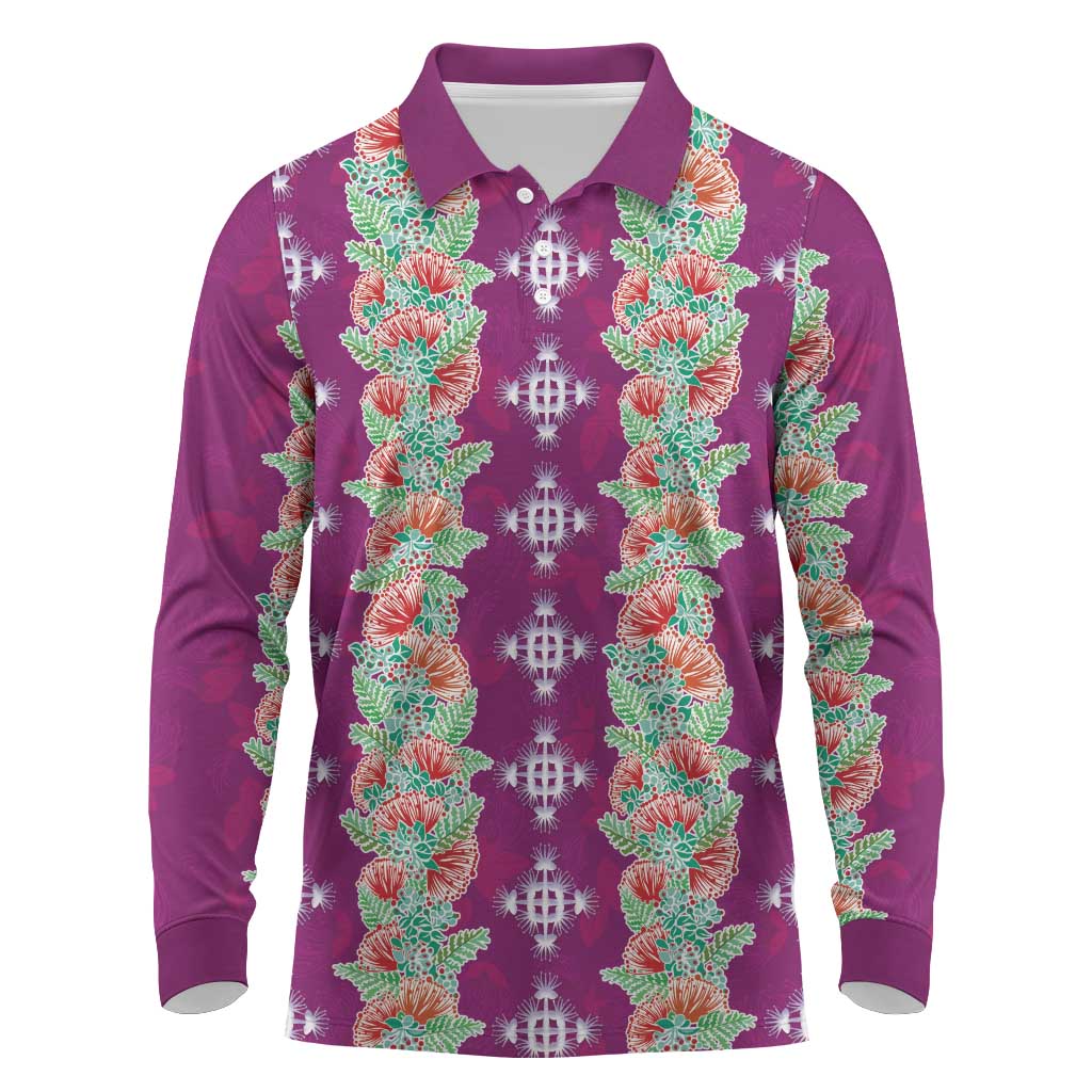 Hawaii Ohia Lehua Long Sleeve Polo Shirt Tropical Vibes Fuchsia
