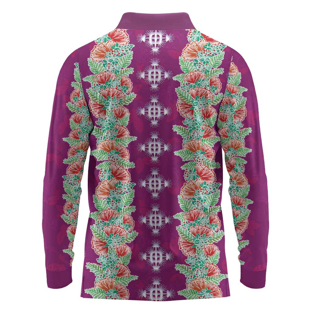 Hawaii Ohia Lehua Long Sleeve Polo Shirt Tropical Vibes Fuchsia