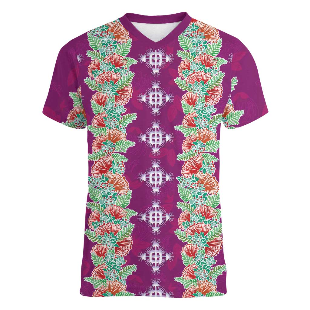 Hawaii Ohia Lehua Women V-Neck T-Shirt Tropical Vibes Fuchsia