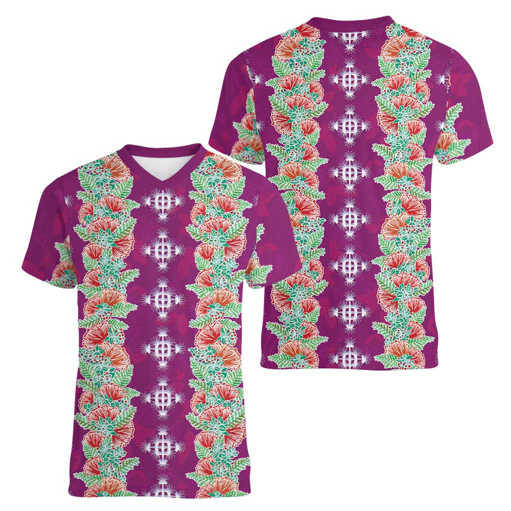 Hawaii Ohia Lehua Women V-Neck T-Shirt Tropical Vibes Fuchsia