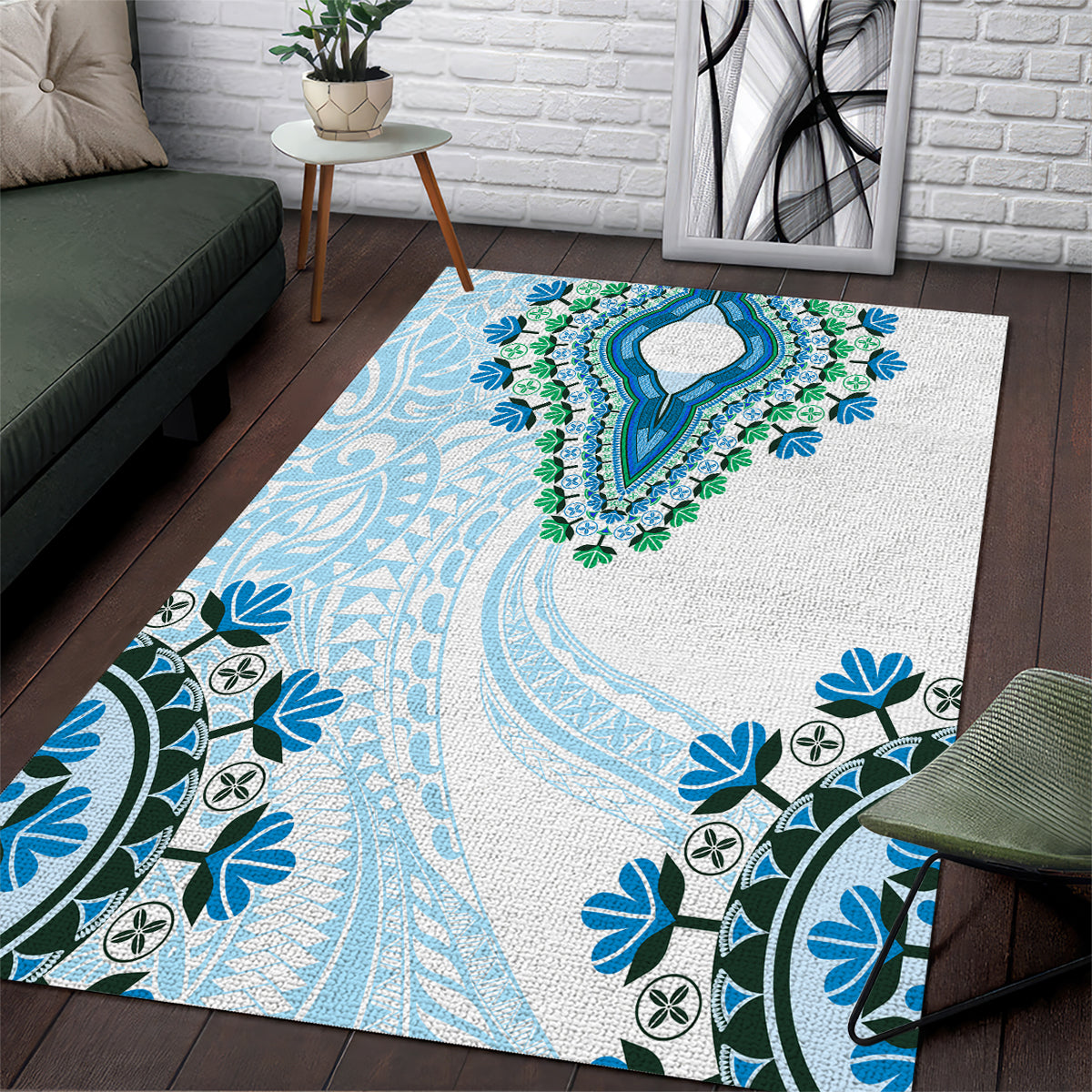 Africa Dashiki Area Rug With Polynesian Pattern Blue Version