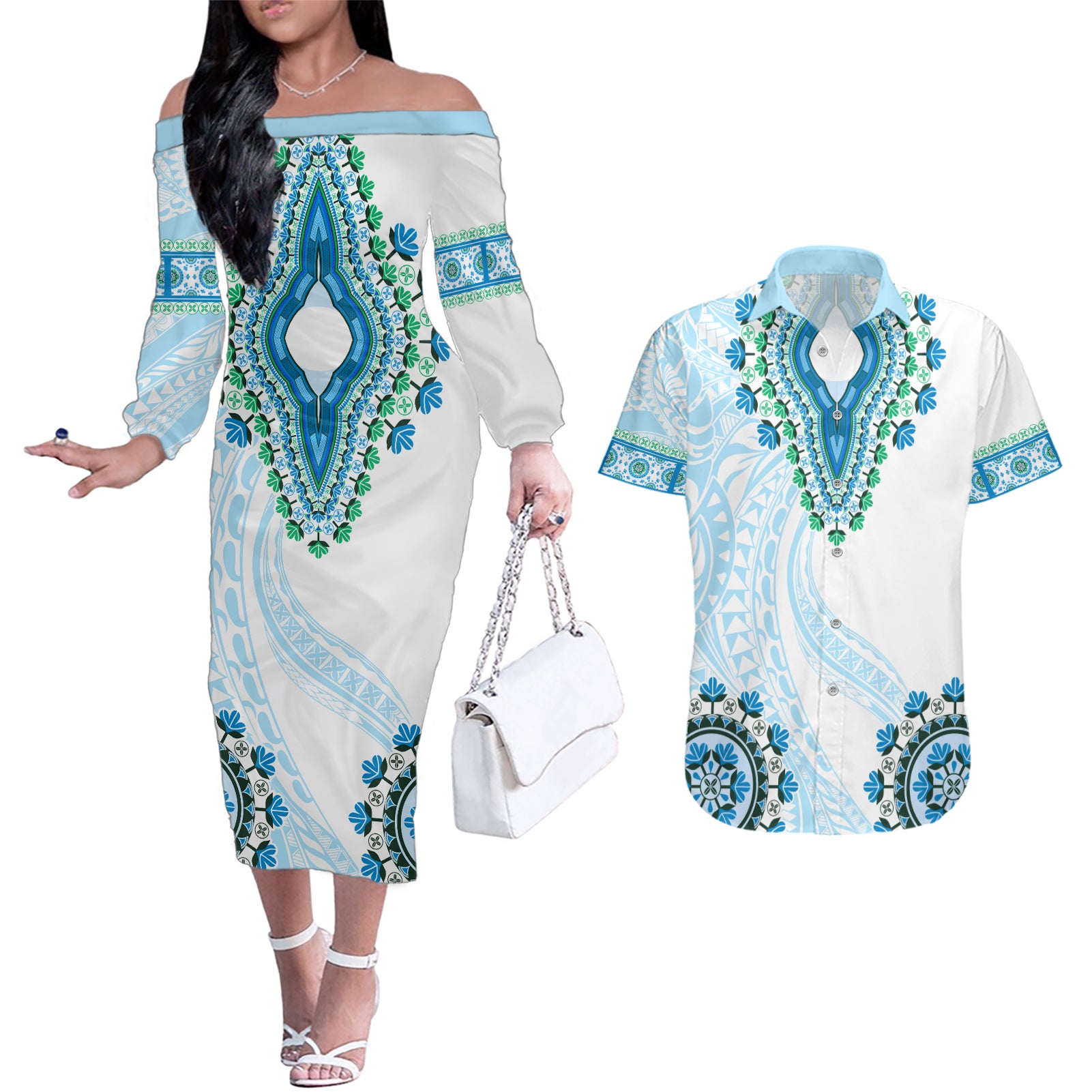 Africa Dashiki Couples Matching Off The Shoulder Long Sleeve Dress and Hawaiian Shirt With Polynesian Pattern Blue Version LT05 Blue - Polynesian Pride
