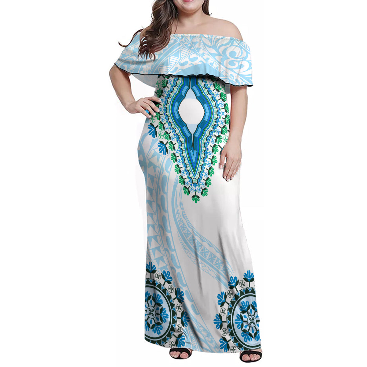 Africa Dashiki Family Matching Off Shoulder Maxi Dress and Hawaiian Shirt With Polynesian Pattern Blue Version LT05 Mom's Dress Blue - Polynesian Pride