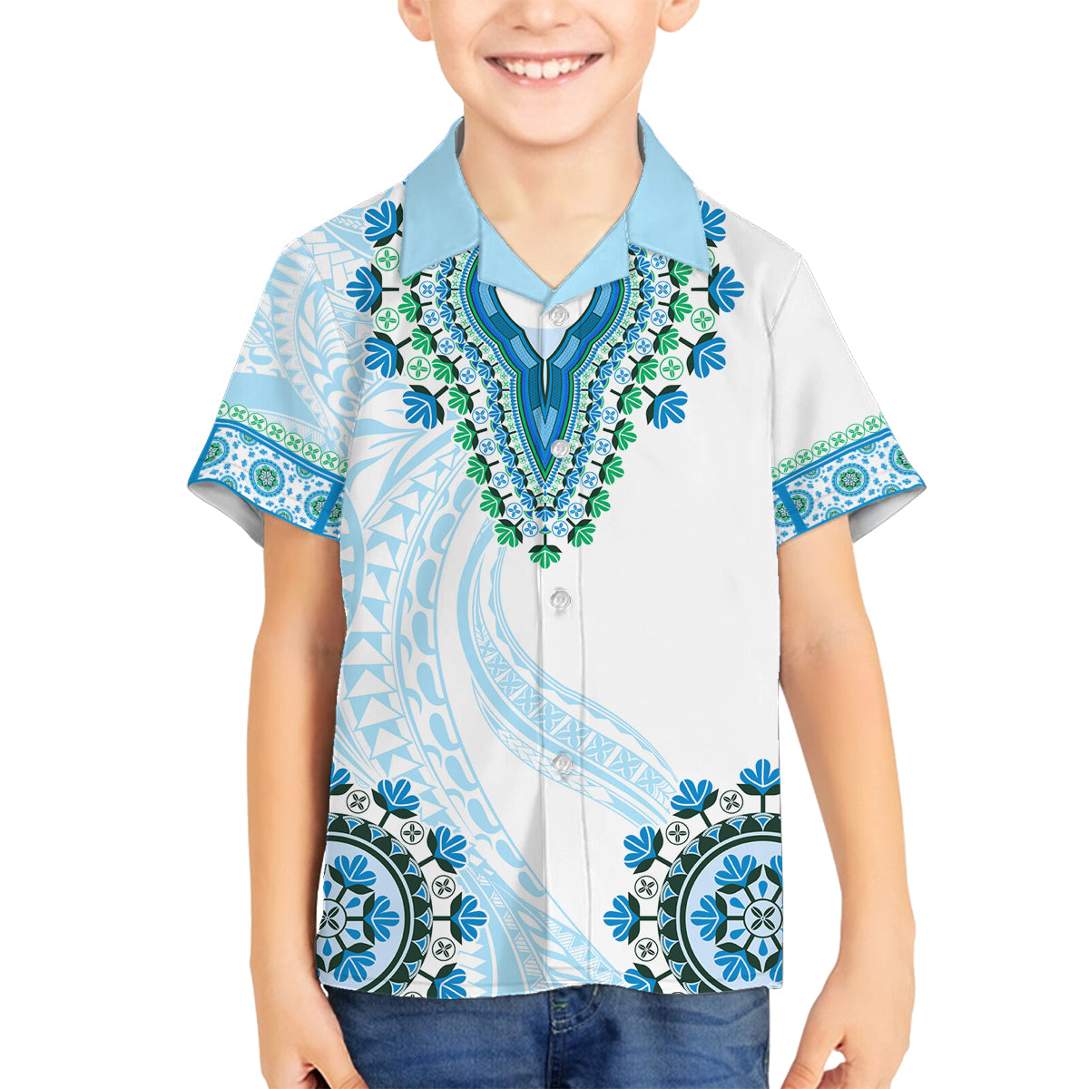 Africa Dashiki Family Matching Tank Maxi Dress and Hawaiian Shirt With Polynesian Pattern Blue Version LT05 Son's Shirt Blue - Polynesian Pride