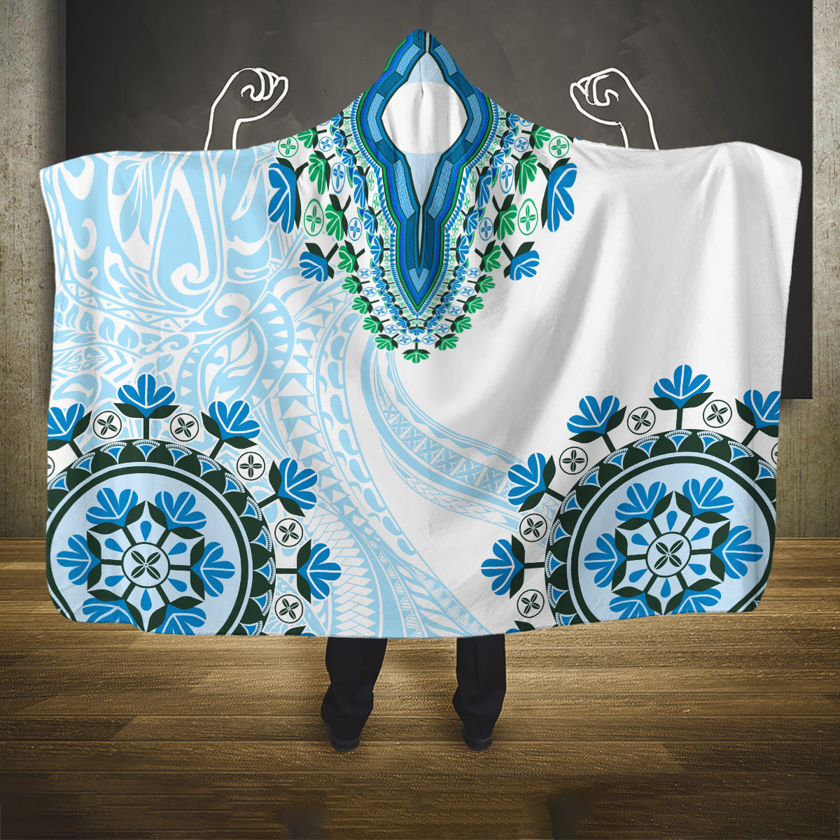 Africa Dashiki Hooded Blanket With Polynesian Pattern Blue Version