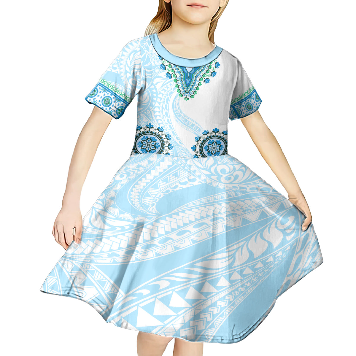Africa Dashiki Kid Short Sleeve Dress With Polynesian Pattern Blue Version LT05 - Polynesian Pride