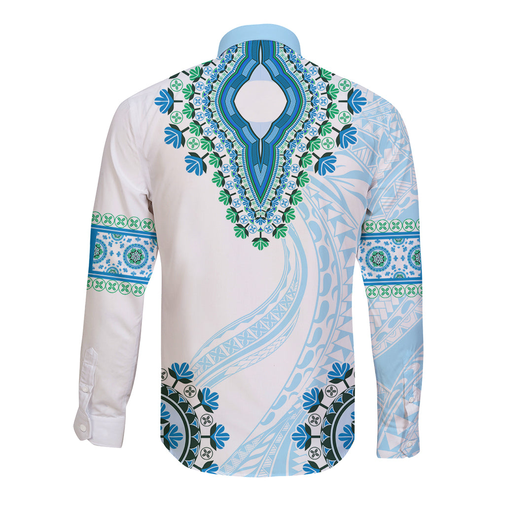 Africa Dashiki Long Sleeve Button Shirt With Polynesian Pattern Blue Version LT05 - Polynesian Pride