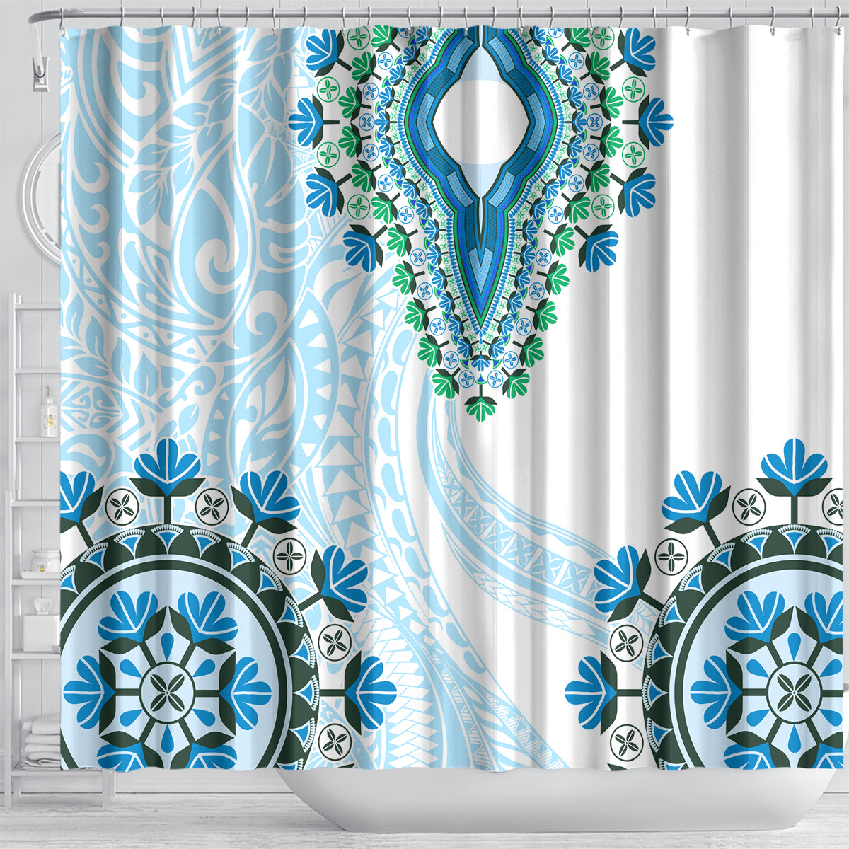 Africa Dashiki Shower Curtain With Polynesian Pattern Blue Version
