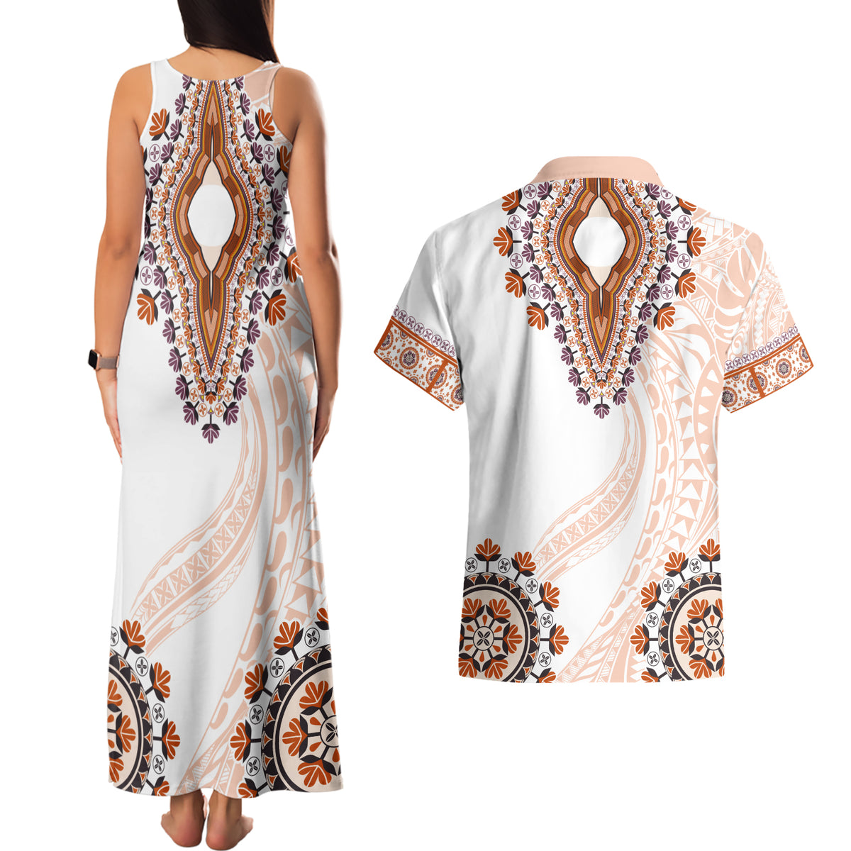 Africa Dashiki Couples Matching Tank Maxi Dress and Hawaiian Shirt With Polynesian Pattern Beige Version LT05 - Polynesian Pride