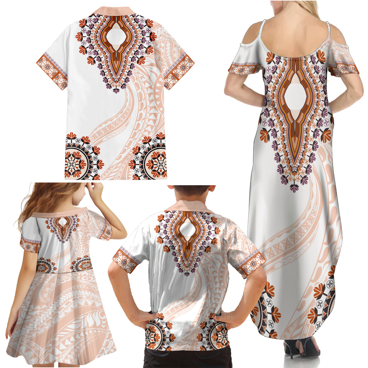 Africa Dashiki Family Matching Summer Maxi Dress and Hawaiian Shirt With Polynesian Pattern Beige Version LT05 - Polynesian Pride
