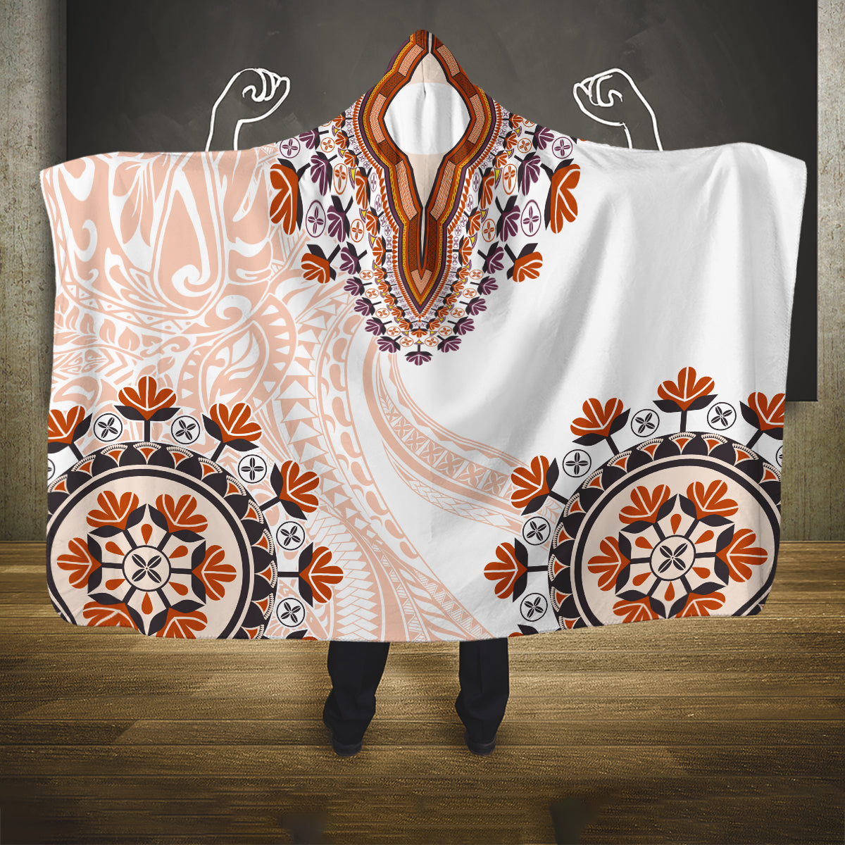 Africa Dashiki Hooded Blanket With Polynesian Pattern Beige Version