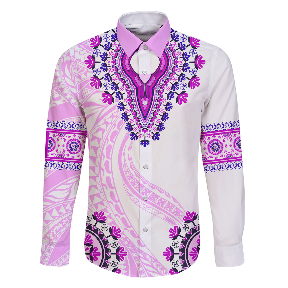Africa Dashiki Family Matching Summer Maxi Dress and Hawaiian Shirt With Polynesian Pattern Pink Version LT05 Dad's Shirt - Long Sleeve Pink - Polynesian Pride