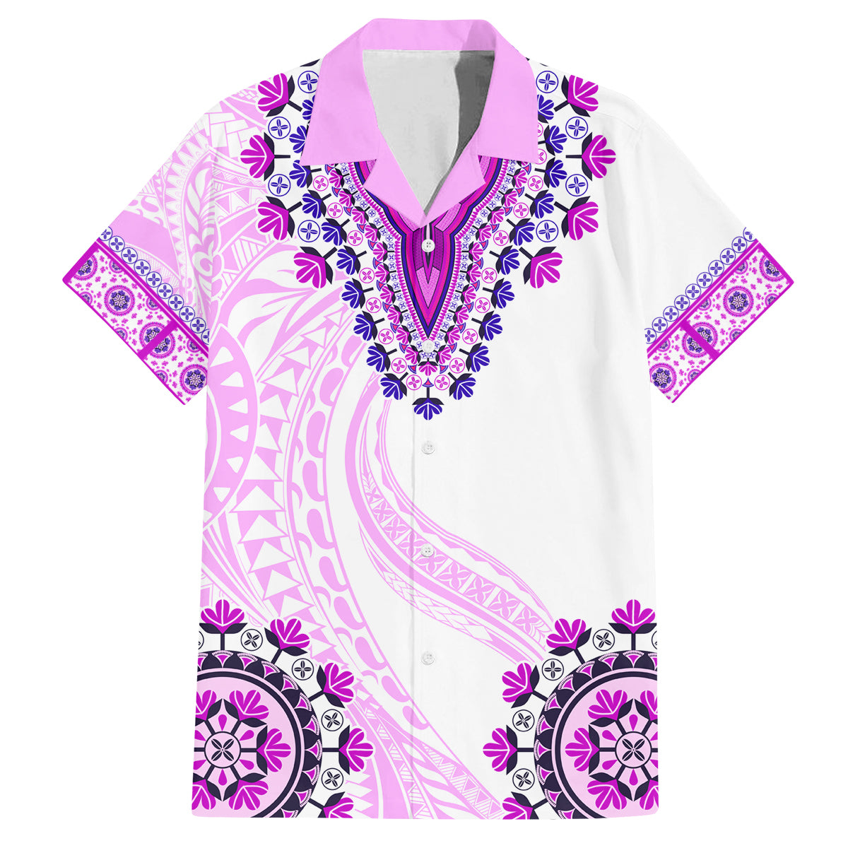 Africa Dashiki Family Matching Tank Maxi Dress and Hawaiian Shirt With Polynesian Pattern Pink Version LT05 Dad's Shirt - Short Sleeve Pink - Polynesian Pride