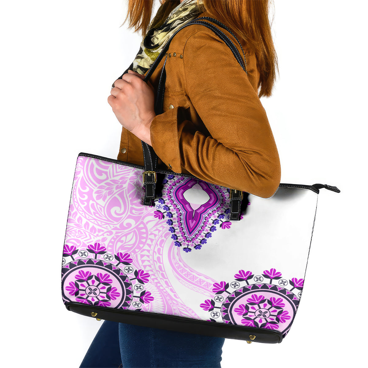 Africa Dashiki Leather Tote Bag With Polynesian Pattern Pink Version