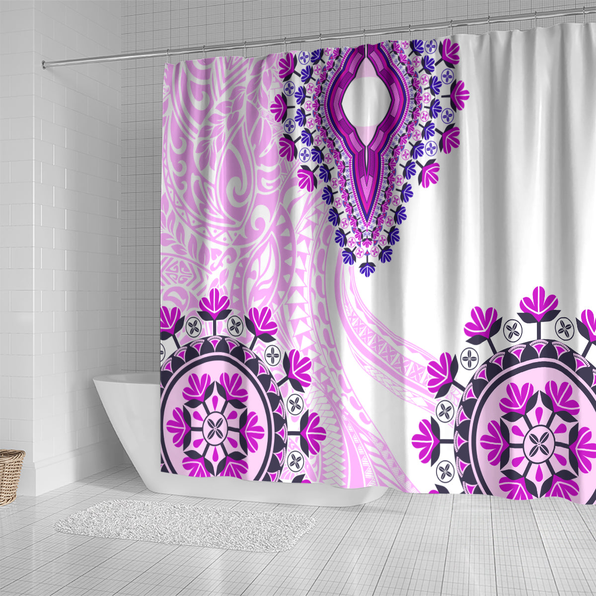 Africa Dashiki Shower Curtain With Polynesian Pattern Pink Version