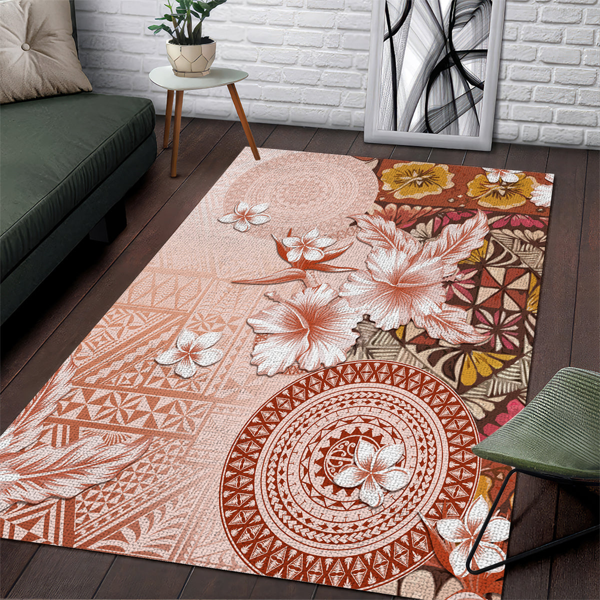 Tonga Ngatu Pattern With Light Tabasco Hibiscus Area Rug Oil Painting Style