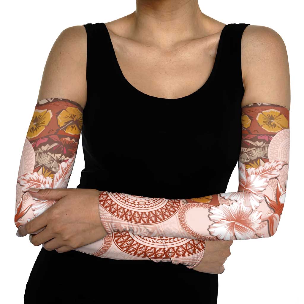 Tonga Ngatu Pattern With Light Tabasco Hibiscus Arm Sleeves Oil Painting Style - Polynesian Pride