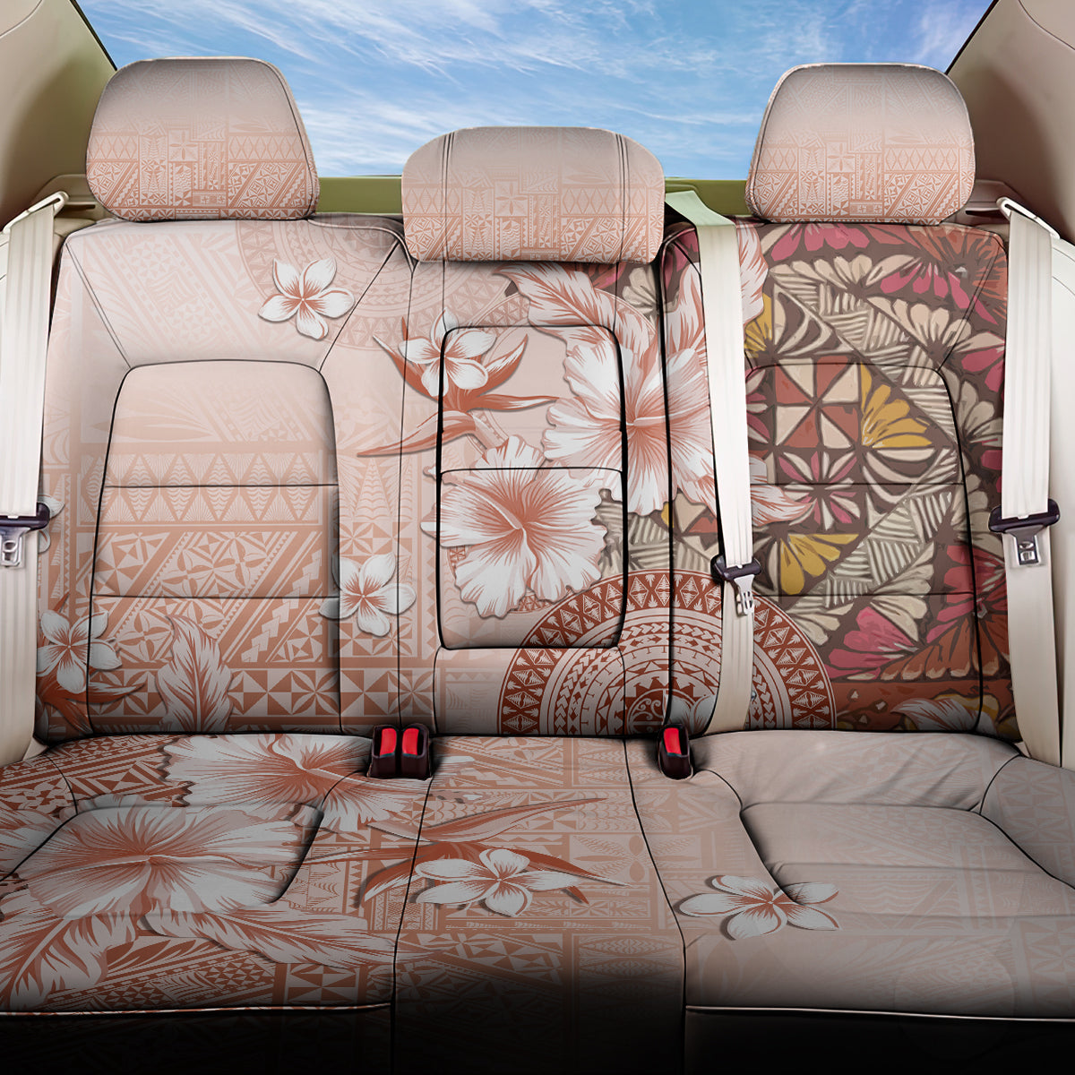 Tonga Ngatu Pattern With Light Tabasco Hibiscus Back Car Seat Cover Oil Painting Style LT05