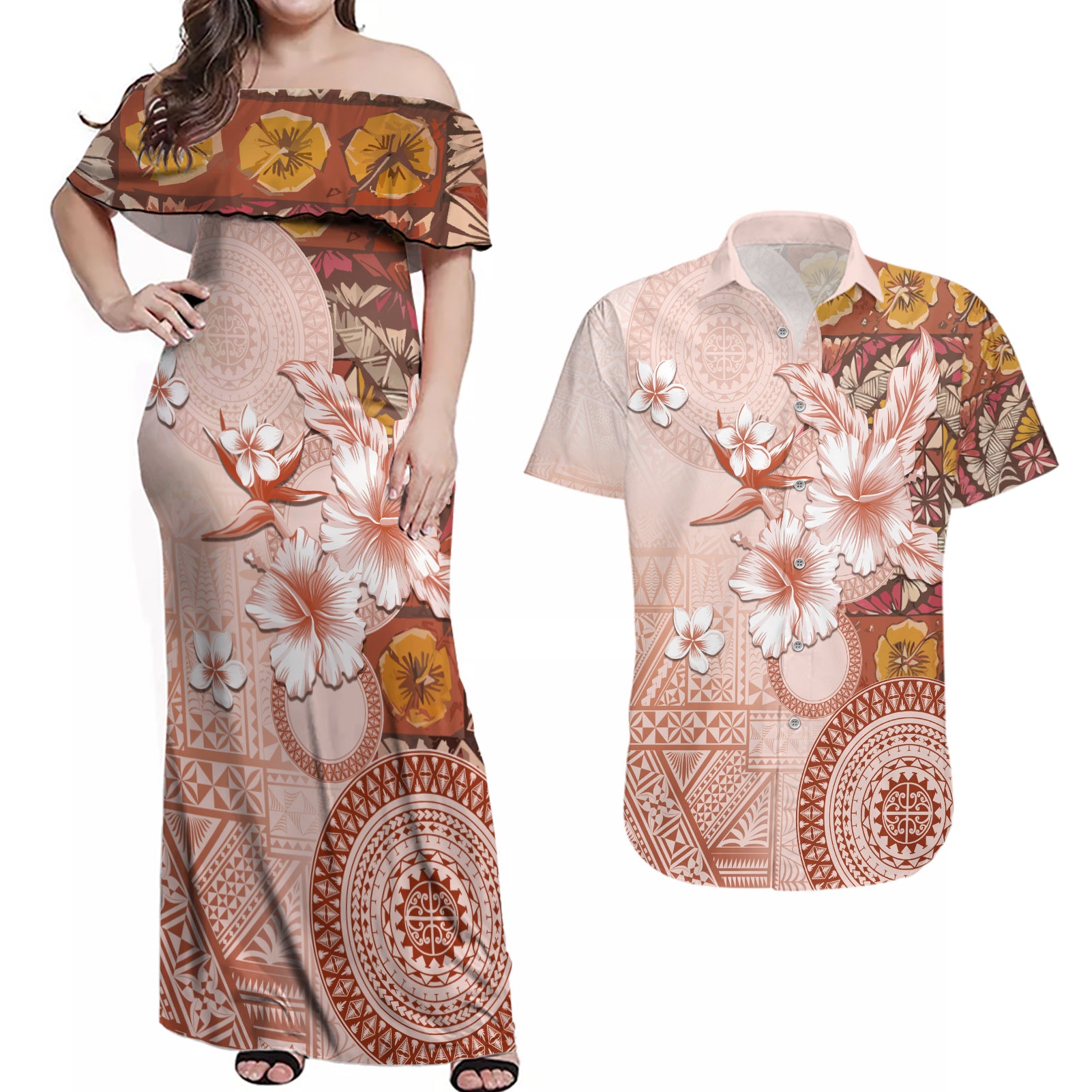 Tonga Ngatu Pattern With Light Tabasco Hibiscus Couples Matching Off Shoulder Maxi Dress and Hawaiian Shirt Oil Painting Style LT05 Light Tabasco - Polynesian Pride