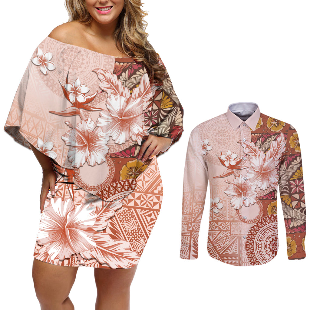 Tonga Ngatu Pattern With Light Tabasco Hibiscus Couples Matching Off Shoulder Short Dress and Long Sleeve Button Shirt Oil Painting Style LT05 Light Tabasco - Polynesian Pride