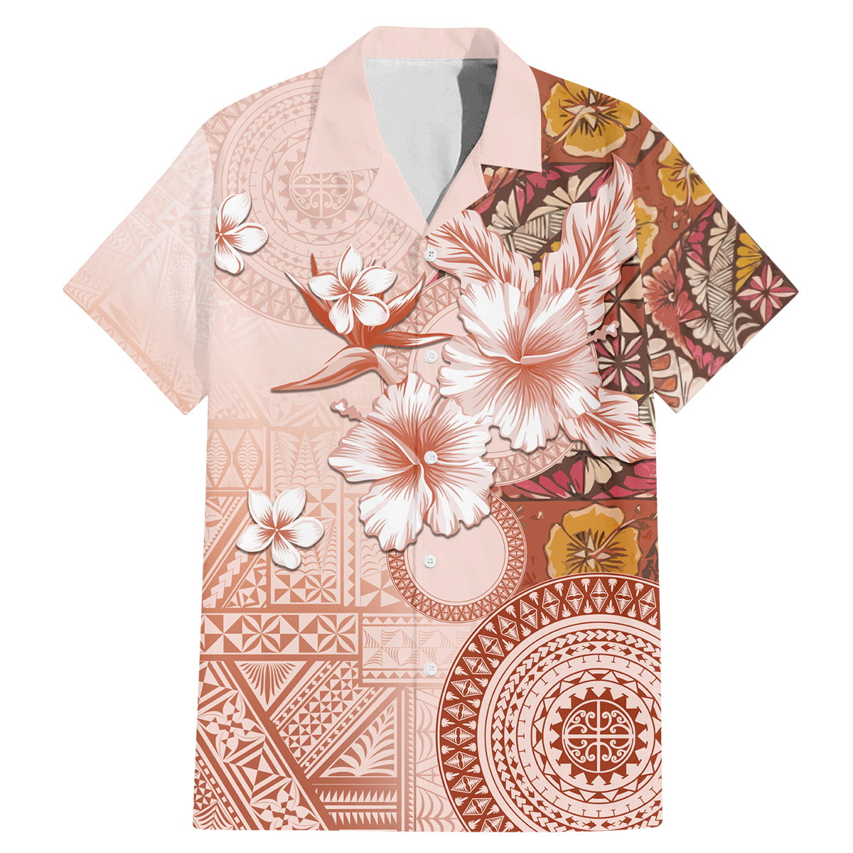Tonga Ngatu Pattern With Light Tabasco Hibiscus Family Matching Mermaid Dress and Hawaiian Shirt Oil Painting Style LT05 Dad's Shirt - Short Sleeve Light Tabasco - Polynesian Pride