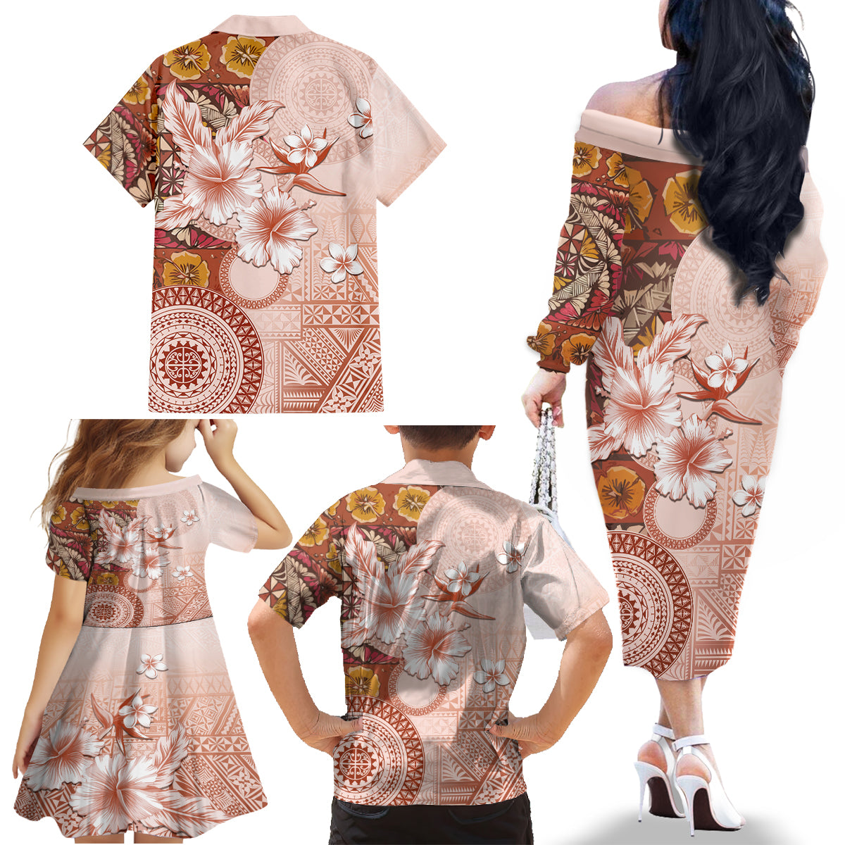 Tonga Ngatu Pattern With Light Tabasco Hibiscus Family Matching Off Shoulder Long Sleeve Dress and Hawaiian Shirt Oil Painting Style LT05 - Polynesian Pride