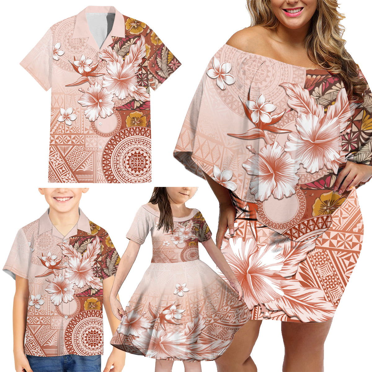 Tonga Ngatu Pattern With Light Tabasco Hibiscus Family Matching Off Shoulder Short Dress and Hawaiian Shirt Oil Painting Style LT05 - Polynesian Pride