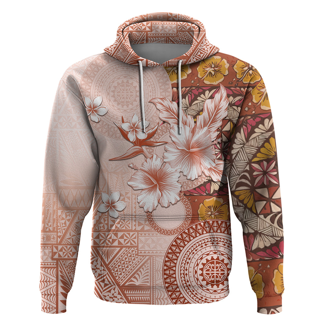 Tonga Ngatu Pattern With Light Tabasco Hibiscus Hoodie Oil Painting Style LT05 Pullover Hoodie Light Tabasco - Polynesian Pride