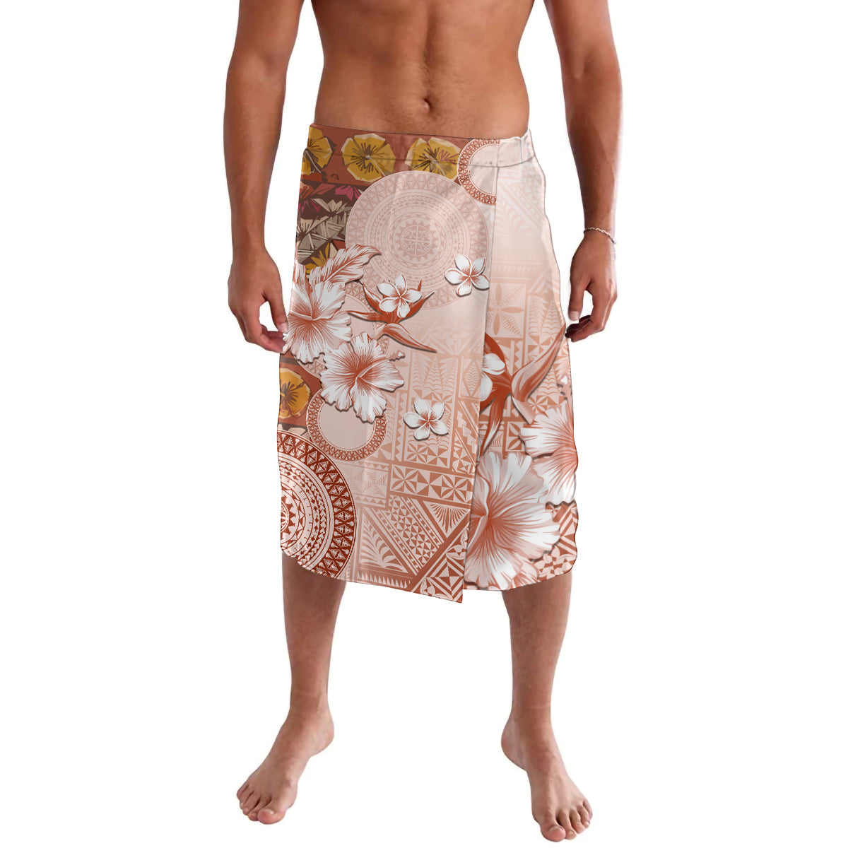 Tonga Ngatu Pattern With Light Tabasco Hibiscus Lavalava Oil Painting Style LT05 Light Tabasco - Polynesian Pride