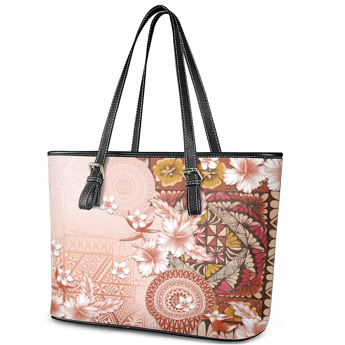 Tonga Ngatu Pattern With Light Tabasco Hibiscus Leather Tote Bag Oil Painting Style