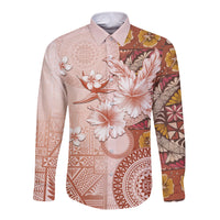 Tonga Ngatu Pattern With Light Tabasco Hibiscus Long Sleeve Button Shirt Oil Painting Style LT05 Unisex Light Tabasco - Polynesian Pride