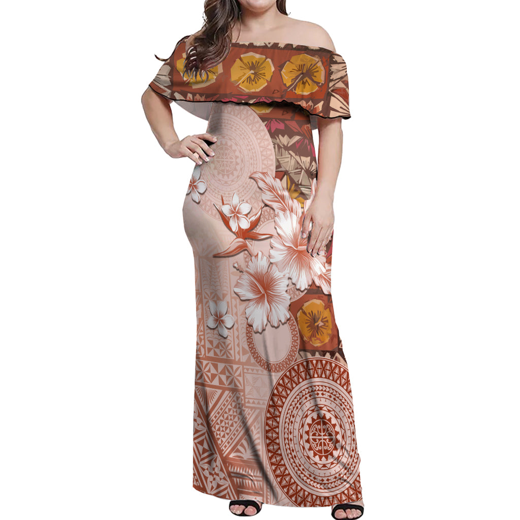 Tonga Ngatu Pattern With Light Tabasco Hibiscus Off Shoulder Maxi Dress Oil Painting Style LT05 Women Light Tabasco - Polynesian Pride