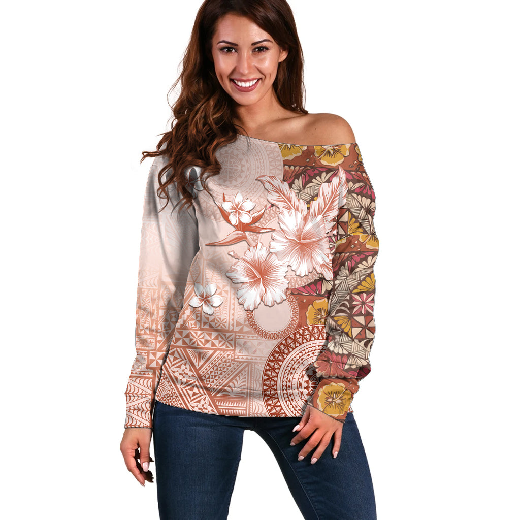 Tonga Ngatu Pattern With Light Tabasco Hibiscus Off Shoulder Sweater Oil Painting Style LT05 Women Light Tabasco - Polynesian Pride