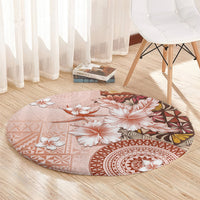 Tonga Ngatu Pattern With Light Tabasco Hibiscus Round Carpet Oil Painting Style