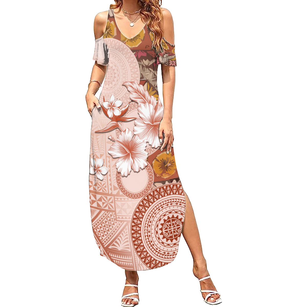 Tonga Ngatu Pattern With Light Tabasco Hibiscus Summer Maxi Dress Oil Painting Style LT05 Women Light Tabasco - Polynesian Pride